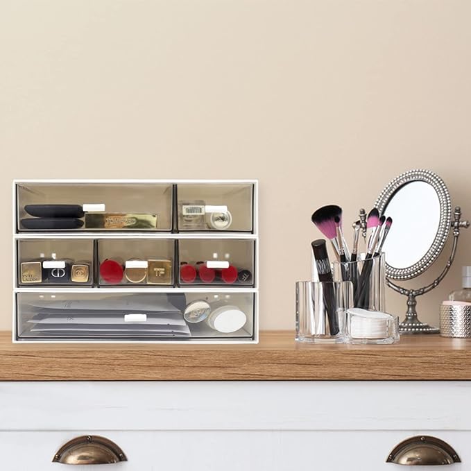 3 Tier Stackable Desk Organizer With 6 Drawers - Plastic Storage for Makeup and Desktop Organization (White)-NeatNest