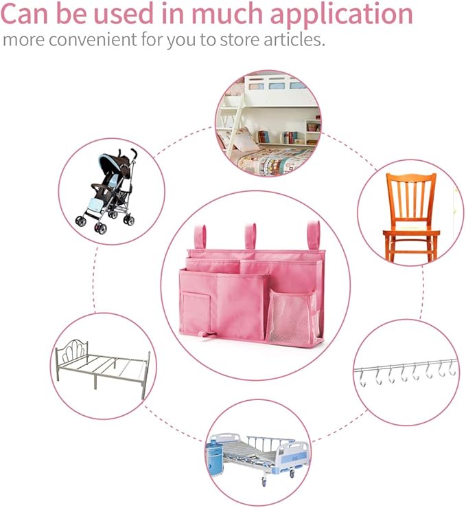 Bseash Bunk Bed Organizer, Bedside Caddy Hanging Bed Organizer Storage Bag 8 Pockets, for College Dorm Rooms Bed, Hospital Bed, Baby Bed Rails, 600D Oxford Cloth (Pink)-NeatNest