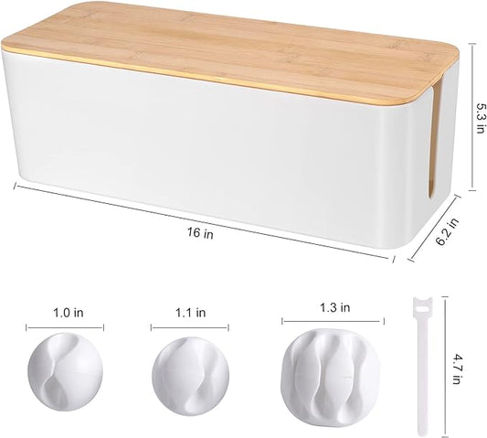 Cable Management Box - Wooden Style Large Cord Organizer Box to Hide Wires & Power Strips | Desk Computer Cable Organizer Box | Safe ABS Material |16" (L) x 6.2" (W) 5.3" (H)|for Home & Office - White-NeatNest