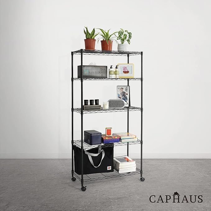CAPHAUS 3/4/5-Tier Adjustable Height Wire Shelving Unit, Wire Rack Shelving, Metal Steel Storage Shelves, Garage Shelving Storage Organizer, Utility Storage Shelf, 5-Tier With Wheels, Black-NeatNest