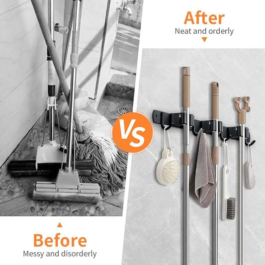 Broom Hanger and Mop Holder, Heavy Duty Garden Tool Organizer Rack Rake and Shovel Handle, Stainless Steel Wall Mounted Utility Rack with Screws (5 Racks with 4 Hooks, Matte Black).-NeatNest