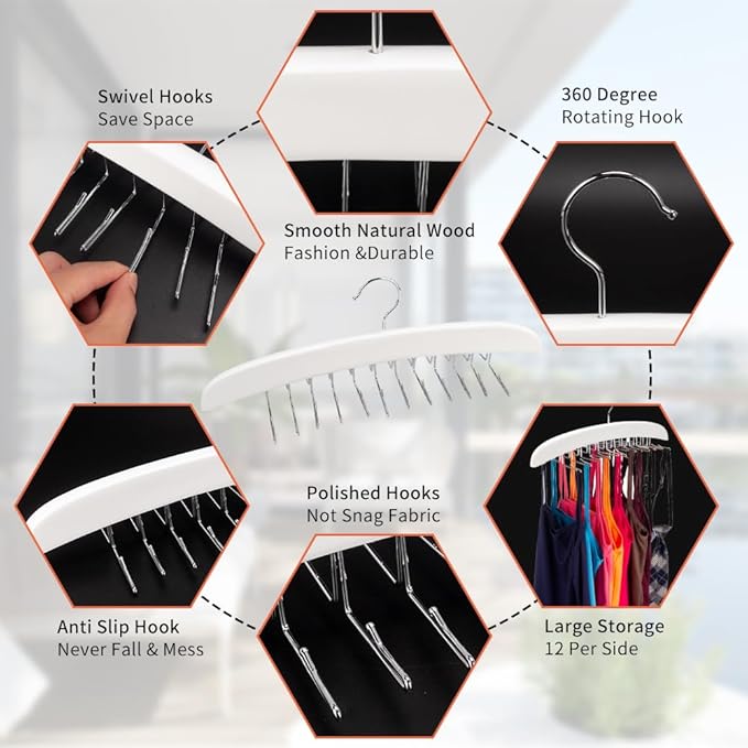 3 Pack Tank Top & Bra Hanger, Tie & Belt Hanger with Natural Wood, 24 Space Saving, 360 Rotating, Foldable Metal Hooks, Closet Organizer and Storage Rack for Tank Tops/Bras/Ties/Belt (White)-NeatNest