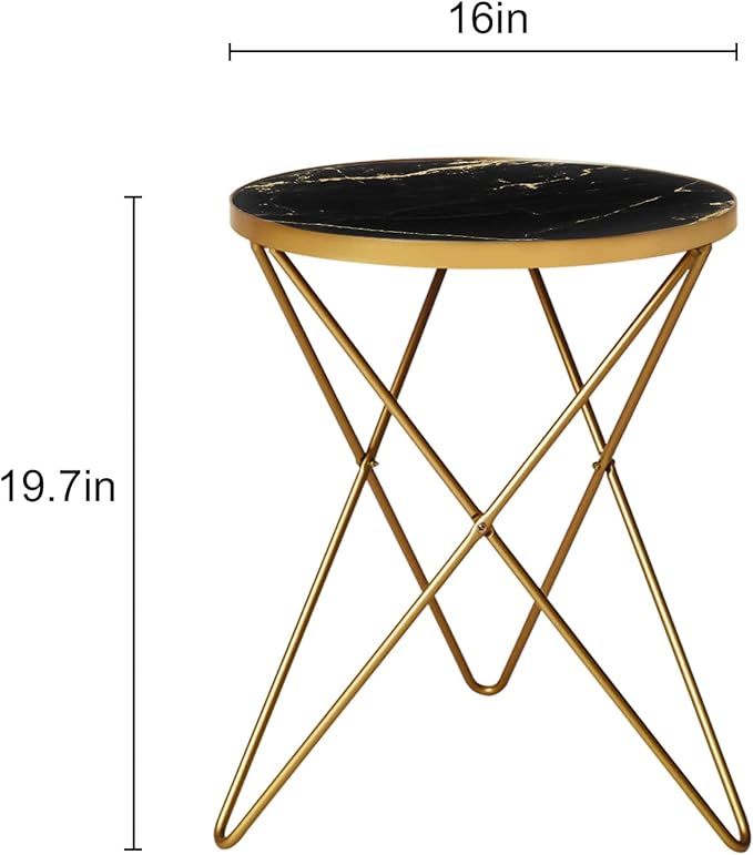 HLR Modern Round Side Table Set of 2, End Table with Marble Effect Top and Gold Metal Frame, Small Side Table for Living Room, Bedroom, Sofa and Couch, Gold Legs, Black Marble top