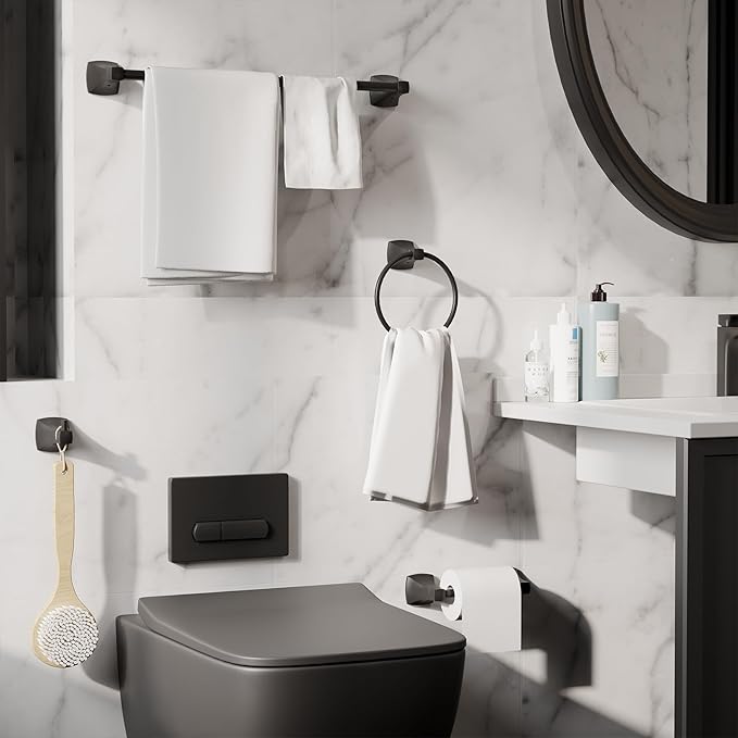 Hand Towel Holder for Bathroom Matte Black Towel Ring Stainless Steel and Zinc Alloy Towel Hanger Wall Mount for Bath, Kitchen, 2 Pack