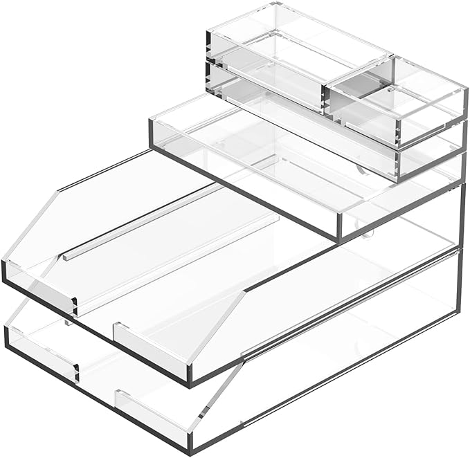 Clear Acrylic Desk Organizer for Office or Home Desk Drawer Dividers, Makeup Vanity Storage Bins, Stackable 4-Pack, Acrylic Accessory and Half Accessory Tray/Small Tray-NeatNest