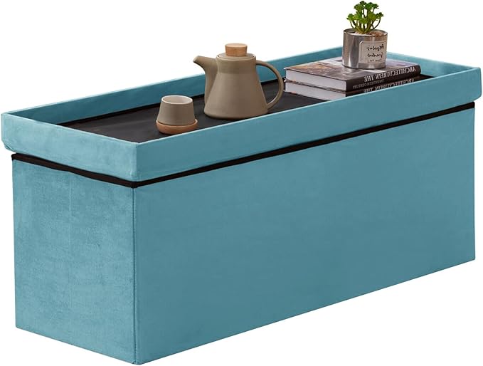 BRIAN & DANY 43 Inches Folding Storage Ottoman Bench, Velvet Ottoman with Storage for Living Room, Long Shoes Bench,Flannelette Footrest Benches Seat (Teal)-NeatNest