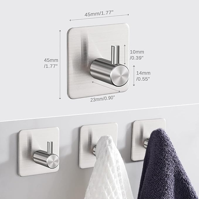 6 Pack Silver Adhesive Stainless Steel Wall Hooks - Heavy Duty Waterproof Shower Hooks for Towel, Robe, Coat, Hat, Key, Clothes