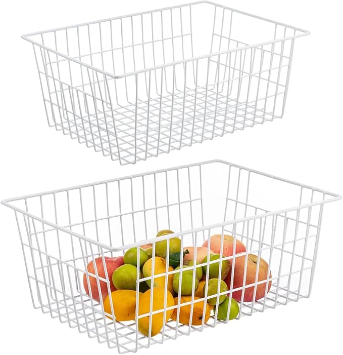 15.2" Metal Wire Baskets for Organizing 6 Pack, Household Pantry Storage Freezer Organizer Bins with Handles, Freezer Baskets for Upright Freezer, Refrigerators, Kitchen Cabinets, White