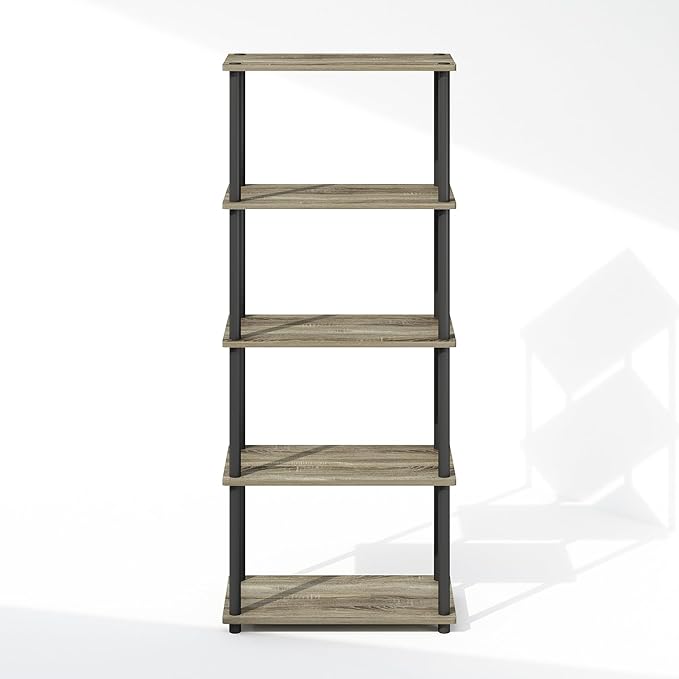 Furinno Turn-N-Tube 5-Tier Multipurpose Compact Bookcase, French Oak/Black-NeatNest