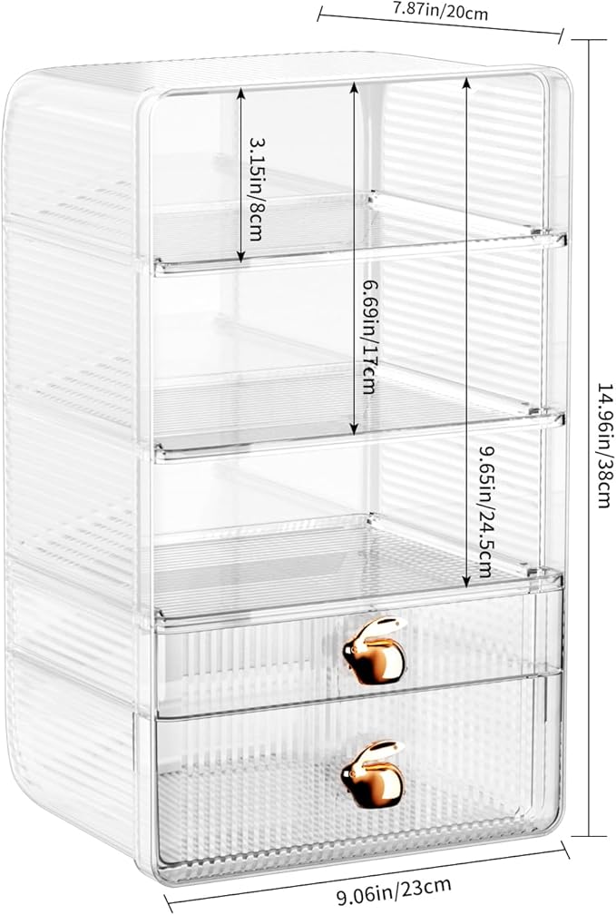Large Makeup Organizer Countertop with 2 Drawers, Adjustable Tier Height, Bathroom Storage and Organization, Clear Vanity Shelves for Cosmetics Skincare Jewelry Dresser Bedroom Pantry