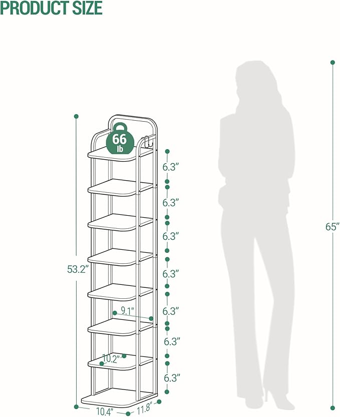 8 Tiers Vertical Shoe Rack, Narrow Shoe Tower, Tall Shoes Shelf with 2 Hooks, Adjustable Shelves, Corner Shoes Shelves for Small Spaces, Entryway, Living Room, Black SR04304B-NeatNest