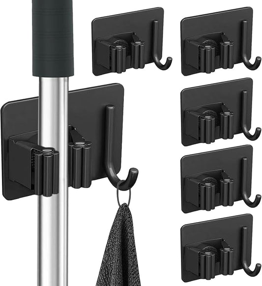 6Pcs Mop Broom Holder No Drill SUS304 Stainless Steel, Heavy Duty Tool Organizer Rack Rake and Shovel Handle, Storage Rack Self Adhesive for Bathroom, Laundry, Kitchen, Garage, Garden