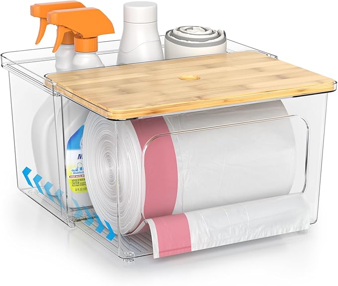 Trash Bag Dispenser Roll Holder - Clear Garbage Bag Holder Dispenser with Bamboo Lid and Sliding Drawer Box, Trash Bag Holder for Kitchen, Under Sink, Laundry Room Organization and Storage-NeatNest