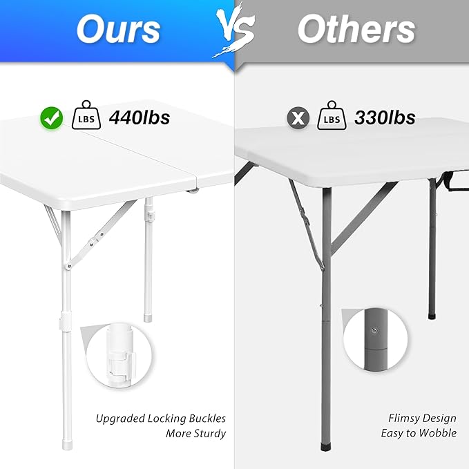 Allpop 34'' Square Folding Card Table, Fold-in-Half Portable Plastic Dining Table with Carry Handle & 2 Heights for Picnic Party Commercial Events, White-NeatNest