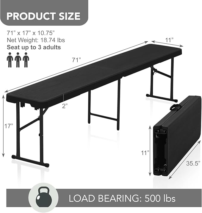 AJP Distributors 2 Pack 6 Foot Portable Plastic Folding Bench 6FT 72" Half Foldable Heavy Duty Seat w/Carry Handle - Indoor Outdoor Backyard Camping Picnic BBQ Party Wedding Dining Event Meeting Black-NeatNest