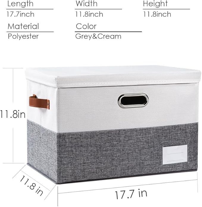 PRANDOM Foldable Storage Bins with Lids [3-Pack] Fabric Collapsible Storage Boxes Baskets Cubes Containers with Handles for Closet Living Room Bedroom (Grey & White 17.7x11.8x11.8'')-NeatNest