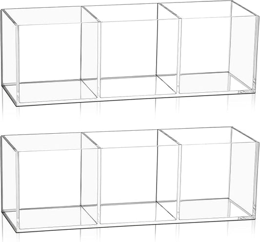 Epakh 2 Pieces Acrylic Cube Organizer 3 Compartments Clear Acrylic Pencil Holder Makeup Brush Drawer Organizer for Desk, Office, Vanity-NeatNest