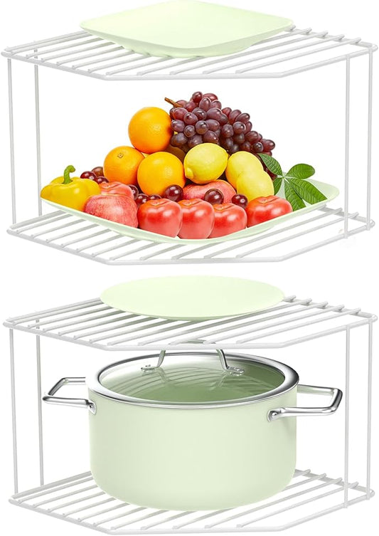 AKAZA 2Pcs 2-Tier Corner Stackable Organizer Shelf for Kitchen - Cabinet Storage Shelf Rack, Shelves，Kitchen Counter and Cabinet Shelf, Storage Rack Organizer for Kitchen(White)-NeatNest