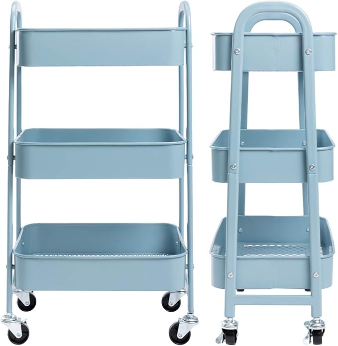 AGTEK Makeup Cart, Movable Rolling Organizer Cart, Grey-Blue 3 Tier Metal Utility Cart-NeatNest