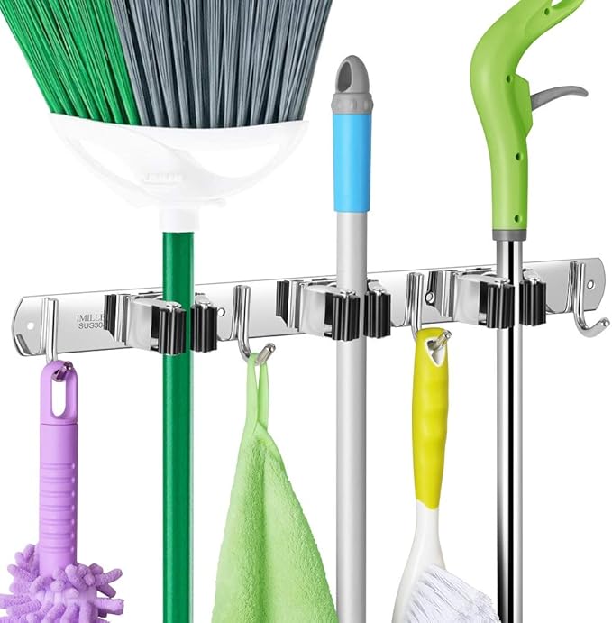 IMILLET Broom and Mop Holder Wall Mounted, Stainless Steel Broom Holder Mop Holder Self Adhesive Heavy Duty Hooks Storage Organizer for Home Laundry Room Garden Garage（3 Racks with 4 Hooks）-NeatNest