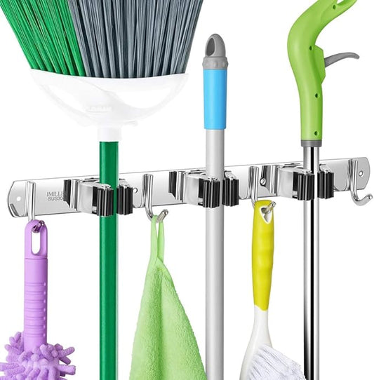 IMILLET Broom and Mop Holder Wall Mounted, Stainless Steel Broom Holder Mop Holder Self Adhesive Heavy Duty Hooks Storage Organizer for Home Laundry Room Garden Garage（3 Racks with 4 Hooks）-NeatNest