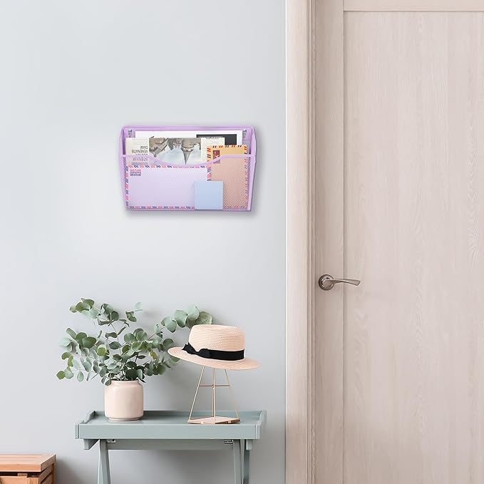EASEPRES 3 Single Pocket Mesh Hanging File Organizer, Vertical Wall Mounted Magazine File Holder, Mount Basket Mail Paper Document Folder Organizing for Office, Home and School, Light Purple