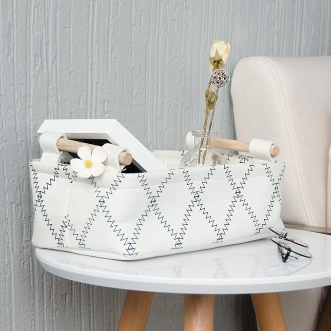 Decorative Collapsible Rectangular Fabric Storage Bin Organizer Basket with Wooden Handles for Clothes Storage, 11"×7.1"×3.9", White-NeatNest