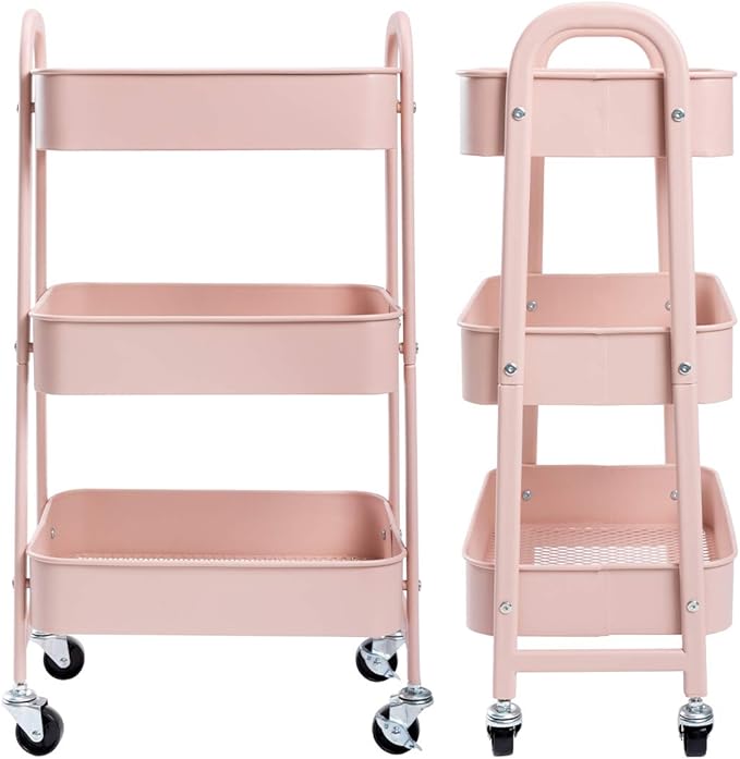 AGTEK Makeup Cart, Movable Rolling Organizer Cart, 3 Tier Metal Utility Cart, Rosiness-NeatNest
