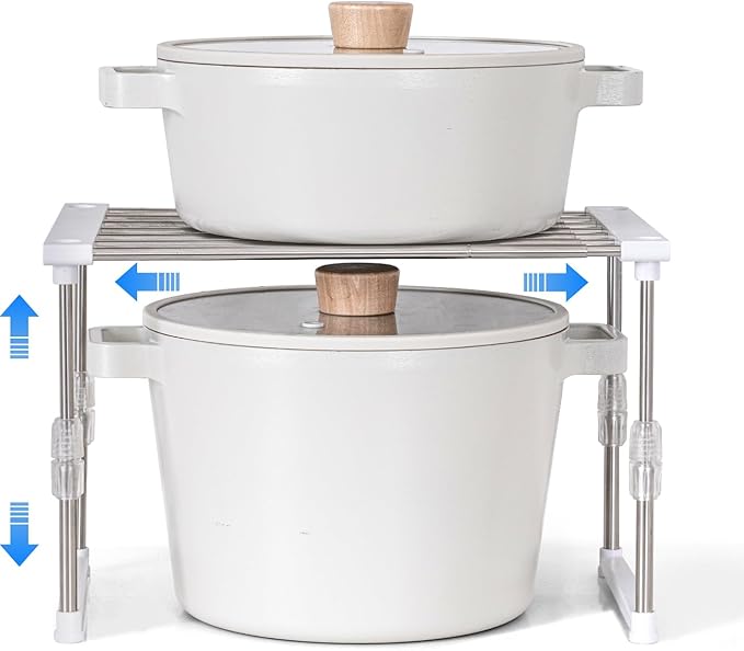 carrotez Expandable Cabinet Organizer, Set of 1 Width & Height-Adjustable Kitchen Cabinet Organizer Shelf, Stackable Kitchen Counter Shelf, 11.8~19.6 x 7.8 x 5.9~9" White-NeatNest