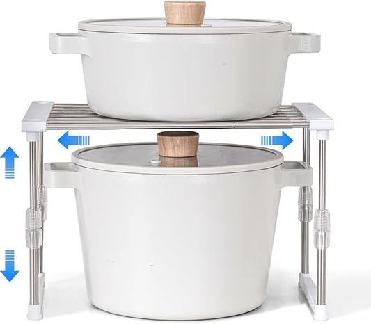 carrotez Expandable Cabinet Organizer, Set of 1 Width & Height-Adjustable Kitchen Cabinet Organizer Shelf, Stackable Kitchen Counter Shelf, 11.8~19.6 x 7.8 x 5.9~9" White-NeatNest