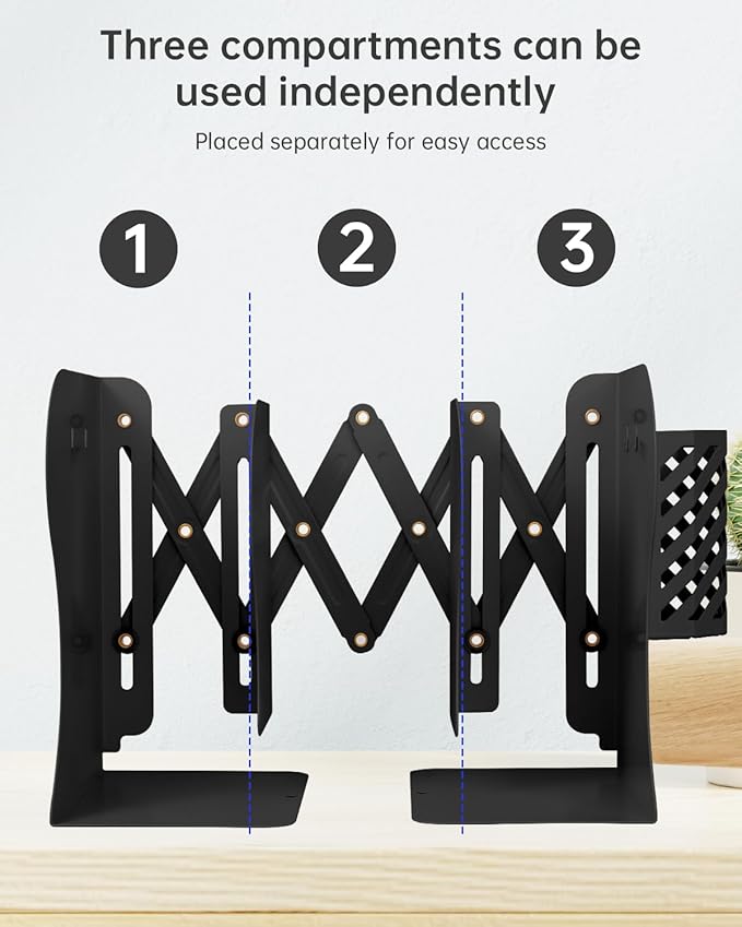 Honagu Adjustable Bookends, Metal Book Ends for Shelves Heavy Book, Desk Magazine File Organizer for Home, Office, Books, Papers, Extends up to 19 inches with Pen Holder (Black)