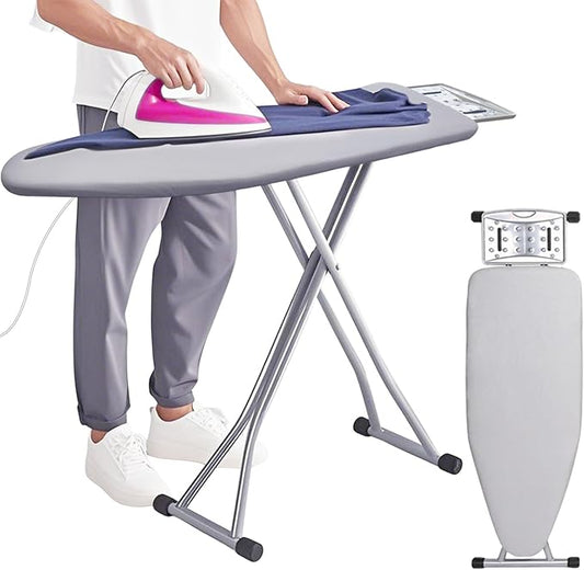 Foldable Ironing Board, 43"x15" Heavy Duty Wide Iron Board with Iron Rest, Heat Resistant Cover with Thick Padding, Sturdy Steel Frame, Height Adjustable, Silver Grey