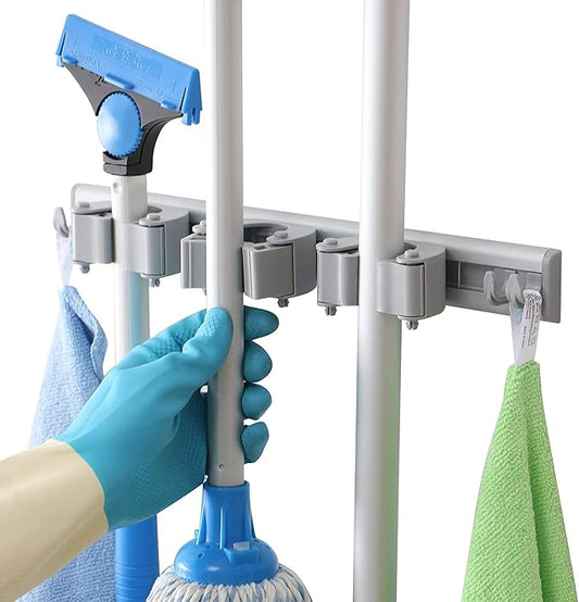 DrDirt Broom Holder Wall Mount, Durable Aluminum Mop and Broom Holder with 3 Sliding Grippers & 4 Hooks, DIY Modular Design, Strong for Home, Courtyard, Bathroom, Garage, Closet-NeatNest