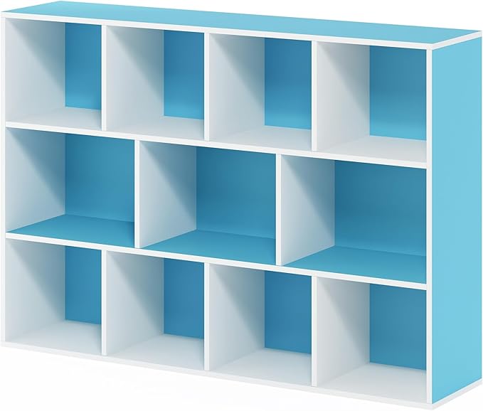 Furinno Luder Bookcase / Book / Storage , 11-Cube, White/Light Blue-NeatNest
