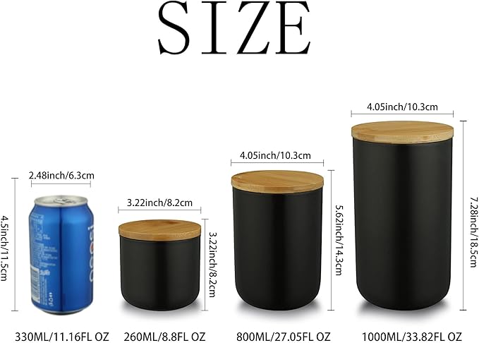 Ceramic Food Storage Jar Canister Modern Design Food Canisters with Airtight Seal Bamboo Lid, Loose Tea Coffee Spice Nuts Snacks Storage Jar Canister (Black 8.79oz/260ml)-NeatNest