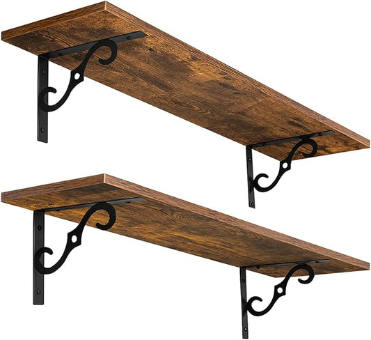 DINZI LVJ Long Wall Shelves, 23.6 Inch Large Floating Shelves Set of 2, Wide Display Shelf Wall Mounted with Brackets, Easy Hanging for Living Room, Toilet, Office, Bedroom, Rustic Brown-NeatNest