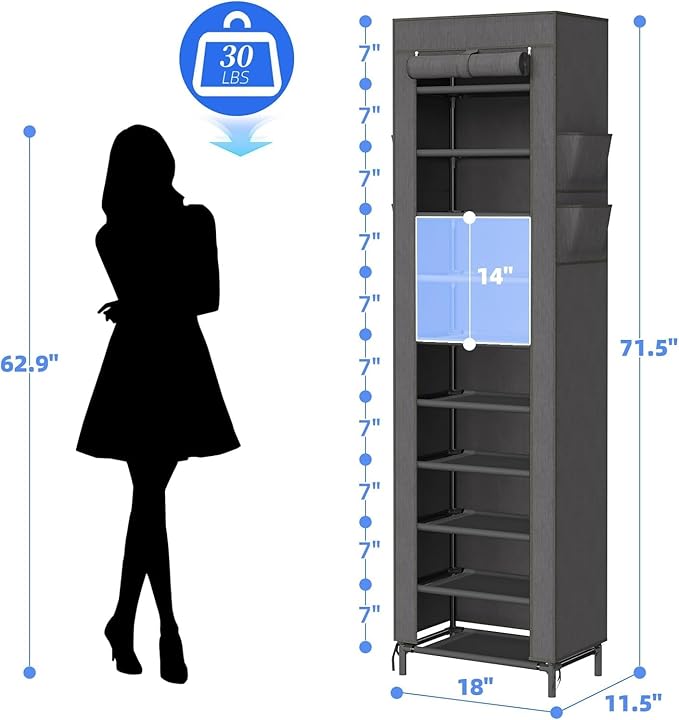 Simple Trending Narrow Shoe Rack with Cover, 10 Tier Shoe Organizer Storage, Tall Free Standing Shoe Cabinet Holds 20 Pairs for Closet, Black-NeatNest