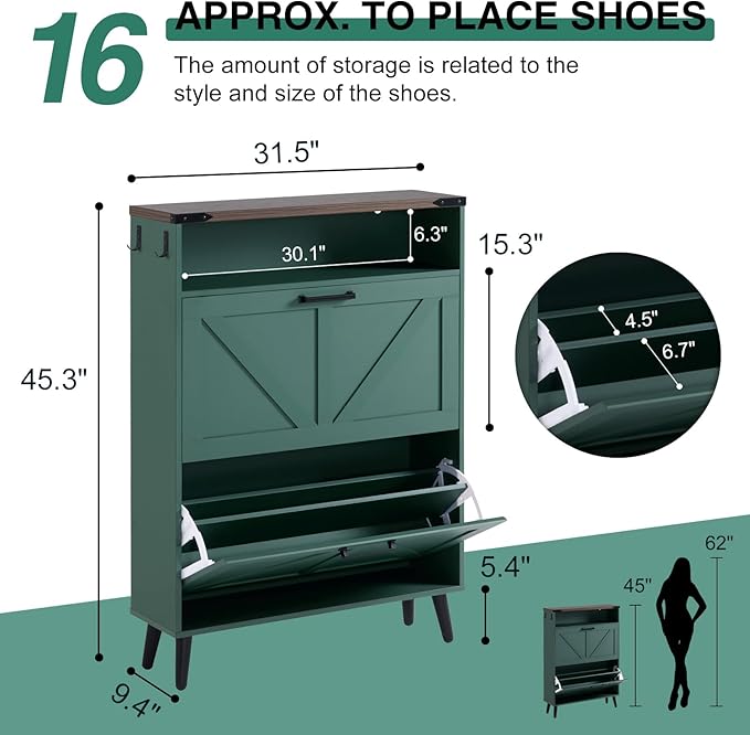 Shoe Storage Cabinet,Farmhouse Shoe Organizer with 2 Flip Drawers & Barn Door Design,Freestanding Hidden Slim Narrow Shoe Rack Cabinet with Open Storage for Entryway, Foyer,Hallway,Green-NeatNest