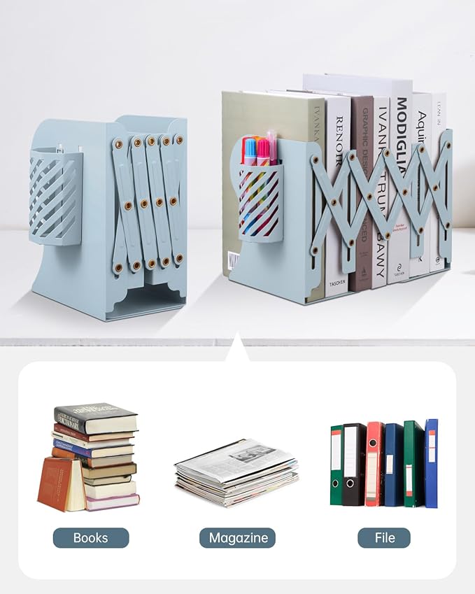 Honagu Adjustable Bookends, Metal Book Ends for Shelves Heavy Book, Desk Magazine File Organizer for Home, Office, Books, Papers, Extends up to 19 inches with Pen Holder (Light Blue)
