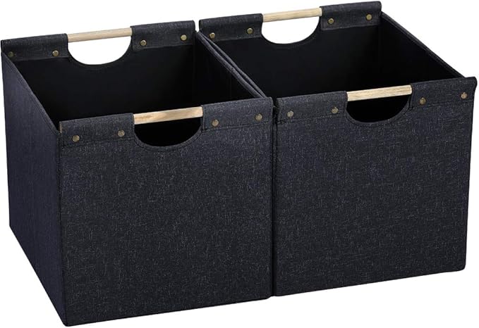 HOONEX Large Collapsible Storage Bins, Linen Fabric, 2 Pack, Storage Baskets with Wooden Carry Handles and Sturdy Heavy Cardboard, for Home, Office, Car, Nursery, Dark Grey