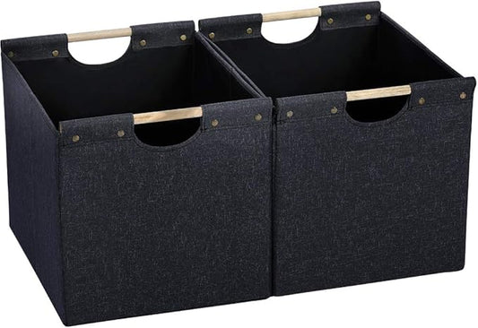 HOONEX Large Collapsible Storage Bins, Linen Fabric, 2 Pack, Storage Baskets with Wooden Carry Handles and Sturdy Heavy Cardboard, for Home, Office, Car, Nursery, Dark Grey