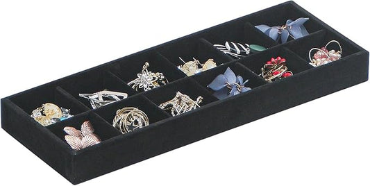 Divided Drawer Organizer, Velvet Jewelry Storage Tray for Necklace, Bracelet, Ring, Earring Display - Bedside Nightstand Desk Holder for Phone, Watch, Sunglasses, Cosmetics Storage/Black/12grid-NeatNest
