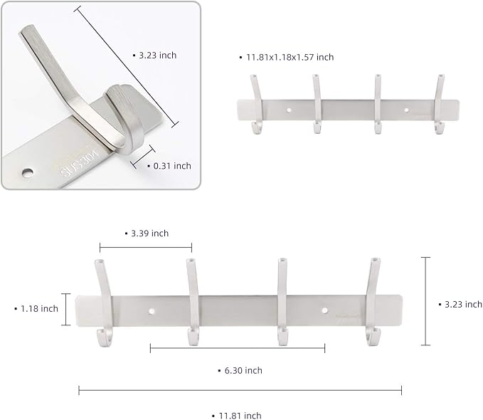 Coat Rack Wall Mounted,Stainless Steel Silver Towel Racks with 4 Hooks for Bathroom Kitchen Bedroom Door-NeatNest
