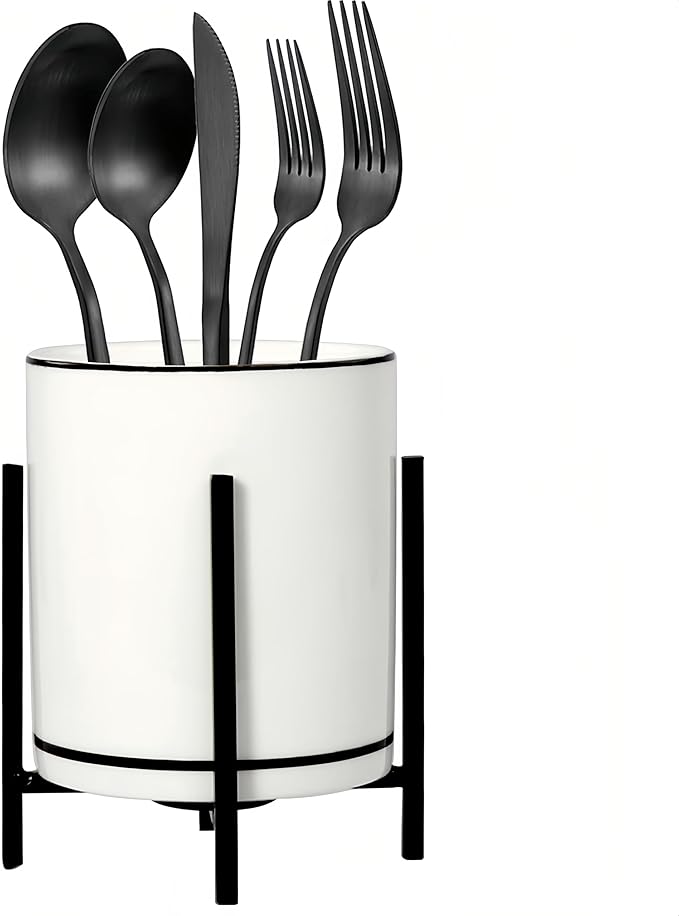 Ceramic Flatware Caddy, Silverware Caddy Cutlery Holder, Round Utensil Crock, Kitchen Utensil Holder for Countertop, Ceramic Cup wtih Black Trim and Black Metal Bracket, 1 Pcs-NeatNest
