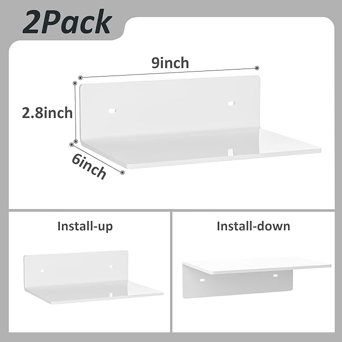 9 Inches Acrylic Wall Shelves 2 Pack, Floating Shelf for Wall Mounting, Acrylic Display Ledges for Funko Pop Figures, Home Décor, Living Room, Gaming Room, Plants(9 inch, White)-NeatNest