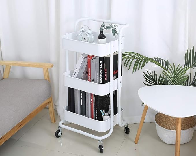 3-Tier Metal Mesh Rolling Cart Storage Organizer with Utility Handle and Wheels, White-NeatNest