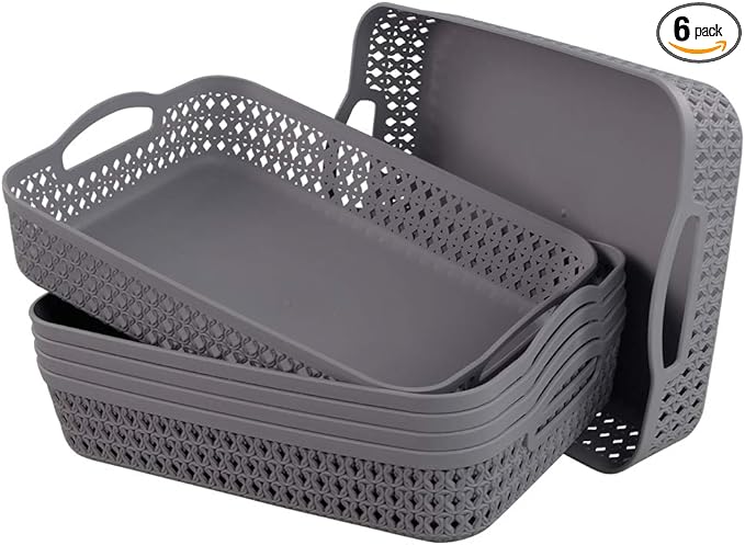 Kekow Plastic Storage Tray Basket with Handle, Set of 6, 13.22" x 10.23" x 2.95", Gray-NeatNest