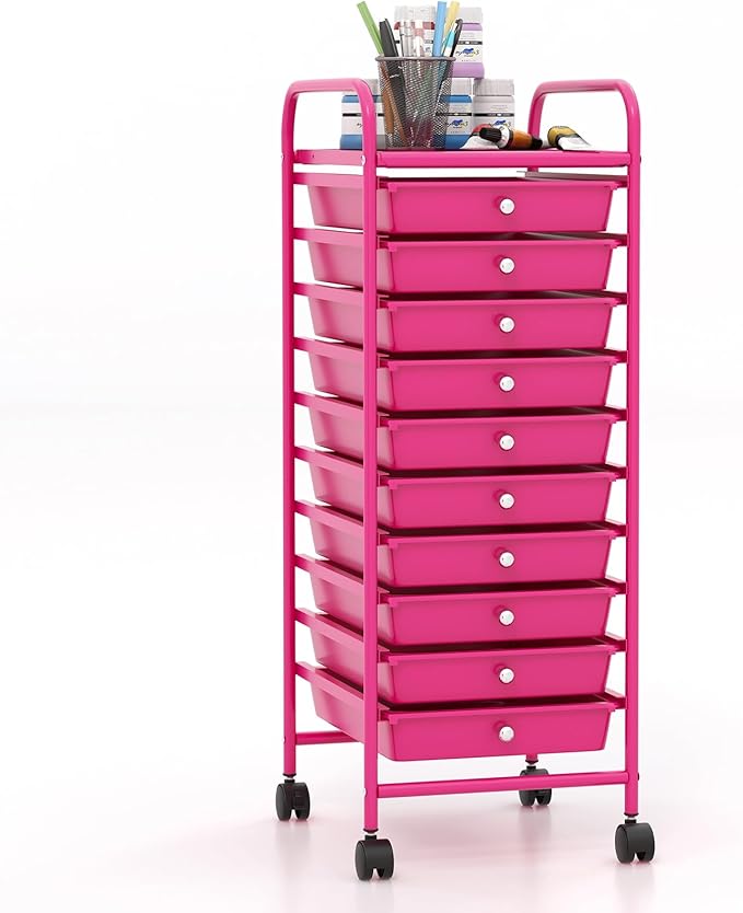Giantex 10-Drawer Storage Cart w/Universal Wheel, Rolling Cart w/Handle, Home Organizer Storage Unit w/Removable Drawers, Trolley Utility Cart for Kitchen Makeup Living Room Office Play Room, Hot Pink