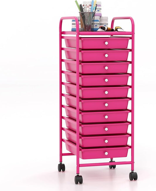Giantex 10-Drawer Storage Cart w/Universal Wheel, Rolling Cart w/Handle, Home Organizer Storage Unit w/Removable Drawers, Trolley Utility Cart for Kitchen Makeup Living Room Office Play Room, Hot Pink