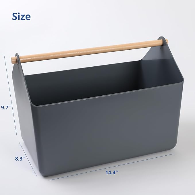 BLUE GINKGO Large Storage Basket – Plastic Caddy with Wooden Handle for Bathroom, Pantry, or Cleaning Supplies (Gray)-NeatNest